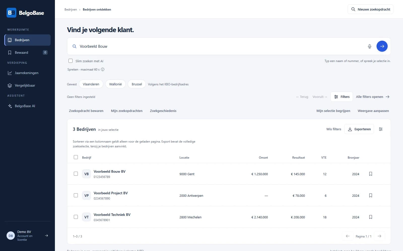 BelgoBase-werkruimte met zoekveld, filters, drie voorbeeldbedrijven en een exportactie.